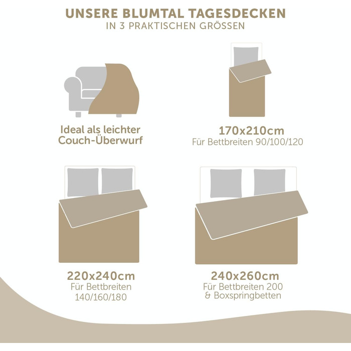 Покривало Blumtal 220x240 см - Сертифіковане Oeko-TEX покривало 220x240 см - підходить як покривало для ліжка розміром 140x200 / 160x200 / 180x200 (розміри ліжка) - захисне покривало для дивана - покривало бежевий пісочний 220x240 см