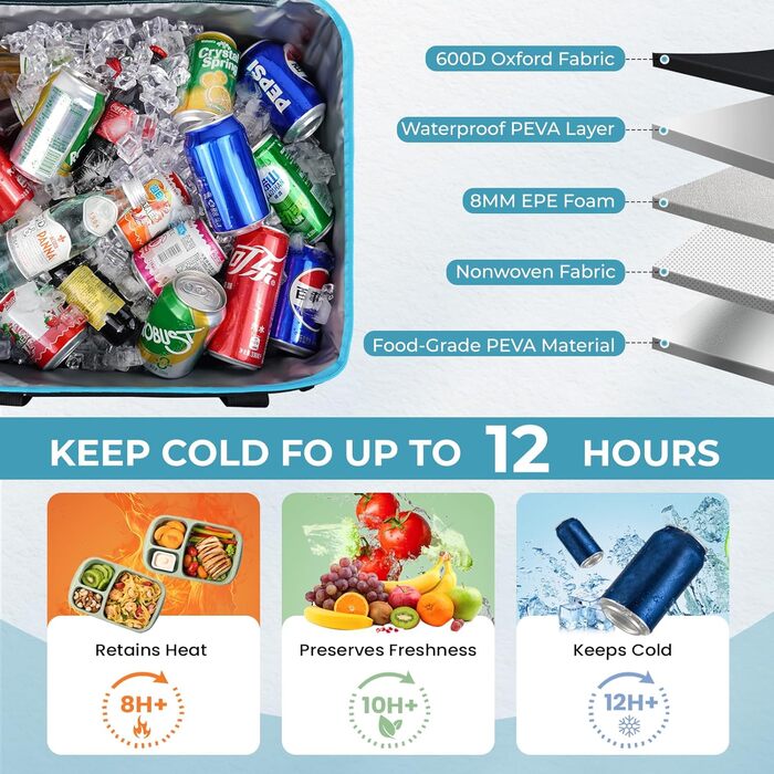 Велика сумка-холодильник 50 л, складна сумка-холодильник на 80 банок, складна/герметична з відкривачкою, велика сумка/холодильник для пікніка для кемпінгу, пляжу, пікніків, сімейних прогулянок на 4 особи, чорна
