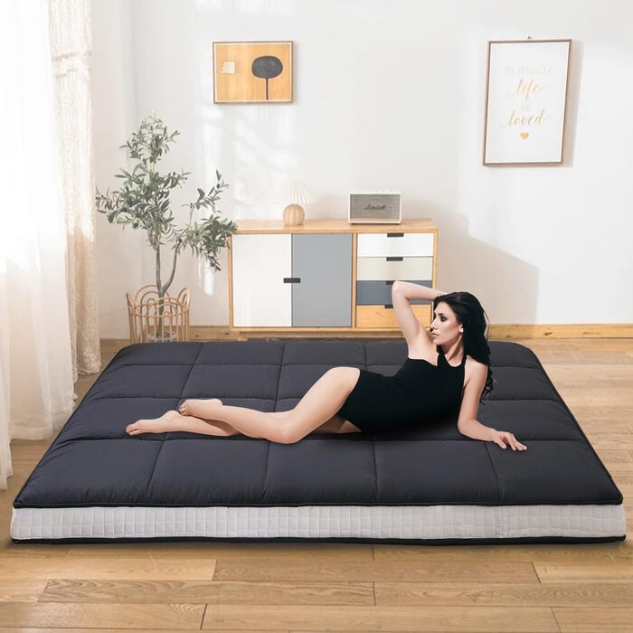 Матрац футон 140 x 200 см, розкладний матрац, товщина 10 см, японський матрац на підлозі, розкладний матрац, дихаючий лежак на підлозі, гостьове ліжко для кемпінгу, диван (чорний, повний матрац), чорний 140 x 200 см
