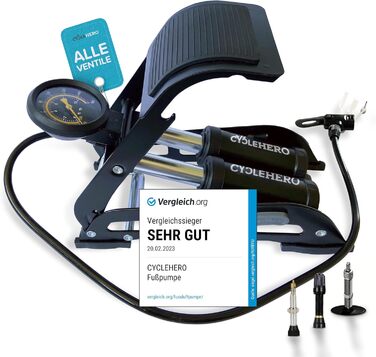 Ножний насос CYCLEHERO з подвійним циліндром та манометром - відзнака ДУЖЕ ДОБРЕ - для всіх клапанів, велосипедний, автомобільний