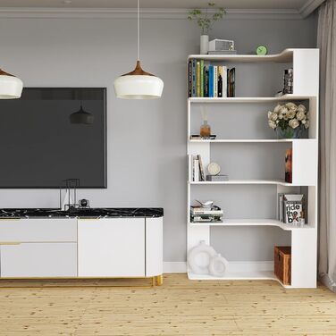 Г-подібна кутова полиця з 5 полицями, велика відкрита окремостояча полиця, кутова книжкова полиця білого кольору для спальні, вітальні, кабінету, 90x48x169 см 90 x 48 x 169 см Білий