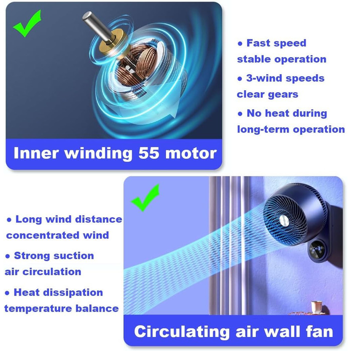 Тихий невеликий настінний вентилятор з дистанційним керуванням і таймером, осцилюючий настінний вентилятор для внутрішнього використання, дому, офісу та студентського гуртожитку, 1 упаковка