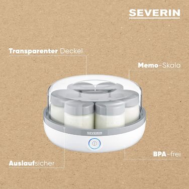 Йогуртниця SEVERIN, йогуртова машина з дисплеєм часу для приготування домашнього та веганського йогурту, містить 7 баночок для йогурту з кришкою зі скла, без BPA, JG 3518 Єдиний сучасний дизайн з кнопкою