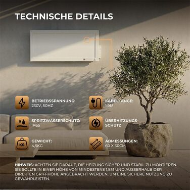 Інфрачервоний високопродуктивний обігрівач BR Bringer 1200 Вт - компактний інфрачервоний обігрівач 6030 см з вбудованим сенсорним термостатом, Wi-Fi та додатком - альтернатива радіаційному обігрівачу для використання в приміщенні та на вулиці (білий)