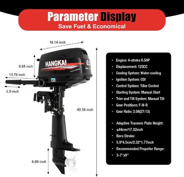 Чотиритактний підвісний мотор потужністю 6,5 к.с., потужний човновий двигун об&39ємом 123 куб.см з водяним охолодженням та системою запалювання CDI, рульове керування, безступінчаста трансмісія (CVT), 5000-6000 об/хв