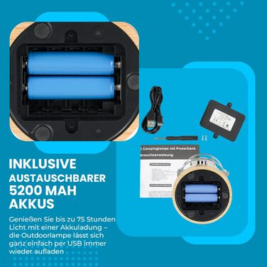 Світлодіодний акумуляторний кемпінговий ліхтар 370 лм з можливістю дімування заряджання через USB, колірна температура 22006500K, час горіння до 75 годин, зовнішній ліхтар IP44 із зарядним пристроєм, бамбуковий та конопляний шнур