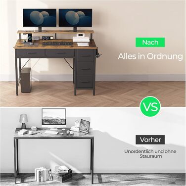 Комп&39ютерний стіл Seventable з розетками та світлодіодним освітленням, ігровий стіл 120 см з 5 шухлядами, ігровий стіл з підставкою для монітора, для офісу, кабінету, спальні, вітальні, вінтажний коричневий, 120 см