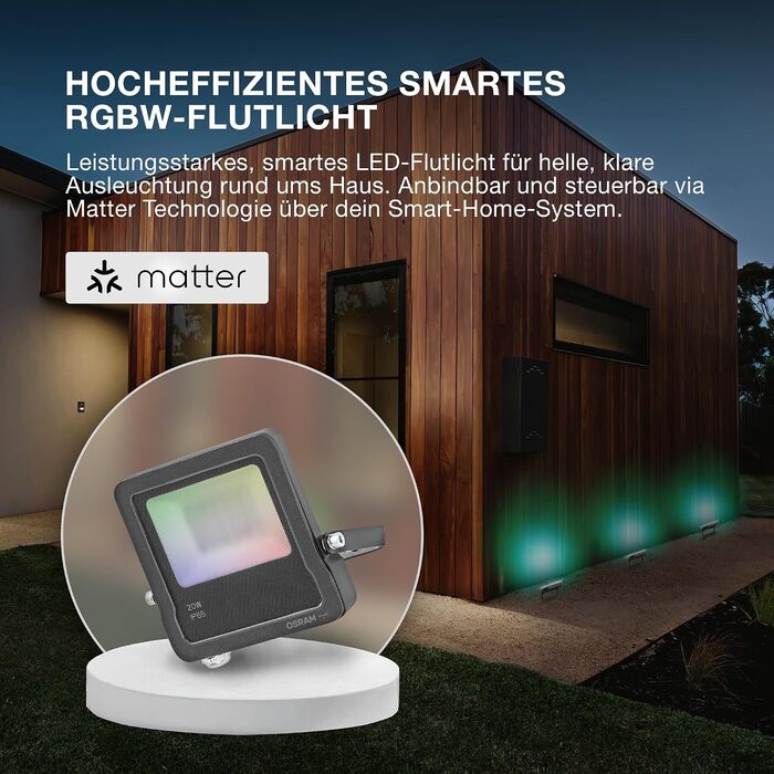 Розумний LED-прожектор Osram SMART Matter, 10W, 800lm, RGBW (16 млн кольорів), 3000K, WiFi, Alexa/Google, IP65