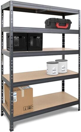 Міцний стелаж Rivet з панелями HDF, що підлягають фарбуванню, 180x120x45 см (ВxШxГ), 5 полиць вантажопідйомністю 250 кг кожна, антрацитово-сірий, практична система кріплення, екологічно чистий та придатний для переробки