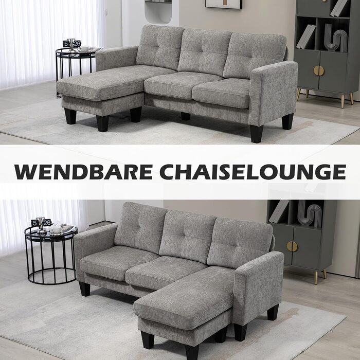 Кутовий диван HOMCOM, кутовий диван з двостороннім шезлонгом, L-подібний диван, м&39який кутовий диван з пружинним каркасом, сталевий каркас, колір шеніл, 186 x 130 x 84 см, сірувато-коричнева тканина кольору шеніл