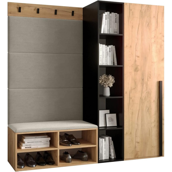 МЕБЛІ КРИСПІЛЬ Шафа-купе MIRO Комплект 1 з м'якими панелями Сучасний дизайн (Маніла 02 (Крем), Дуб крафт-золото Чорний матовий) Ду