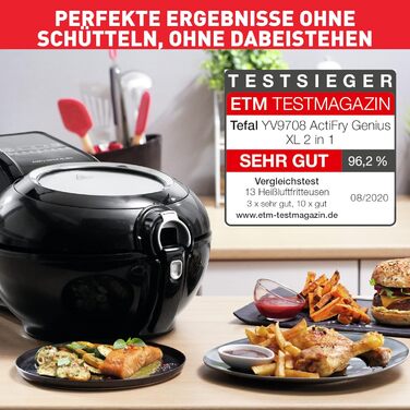 Аерофритюрниця Tefal YV9708 ActiFry Genius XL 2в1 з важелем для перемішування Переможець тесту 1,7 кг на 8 осіб 9 автоматичних меню 2 страви одночасно здорова фритюрниця без олії, чорна ActiFry Genius XL 2в1