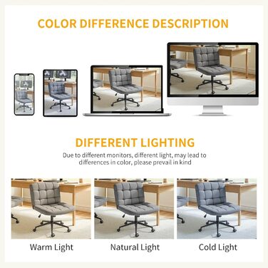 Офісне крісло Clevich без підлокітників, широке крісло з перехресним розташуванням сидіння, ергономічне крісло з регульованою висотою для домашнього офісу, кабінету, макіяжу, спальні (сіре)