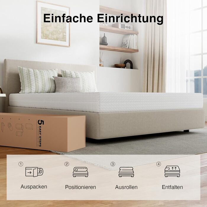 Матрац Novilla H3/H4 7-зонний матрац з холодної піни 140x200 Різні розміри та висота Дихаючий чохол, який можна прати при 60C Сертифіковано Oeko-Tex та CertiPUR-US Згортається матрац 18 см x 18 см 140 x 200 см