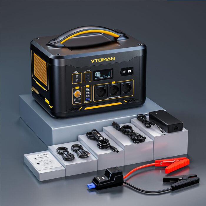 Портативна електростанція VTOMAN Jump 2200 з пусковими кабелями - акумулятор LiFePO4 ємністю 1548 Втгод/2200 Вт (пікова потужність 4400 Вт) з можливістю розширення до 3096 Втгод для евакуації транспортних засобів у надзвичайних ситуаціях DE - Jump 2200 пу