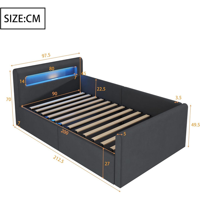 Дитяче ліжко okwish з м&39якою поверхнею, 90x200 см, дитяче ліжко з гідравлічним відділенням для зберігання, світлодіодним нічником та USB-портом, оксамитова тканина, темно-сірий колір, без матраца, темно-сірий 90 x 200 см