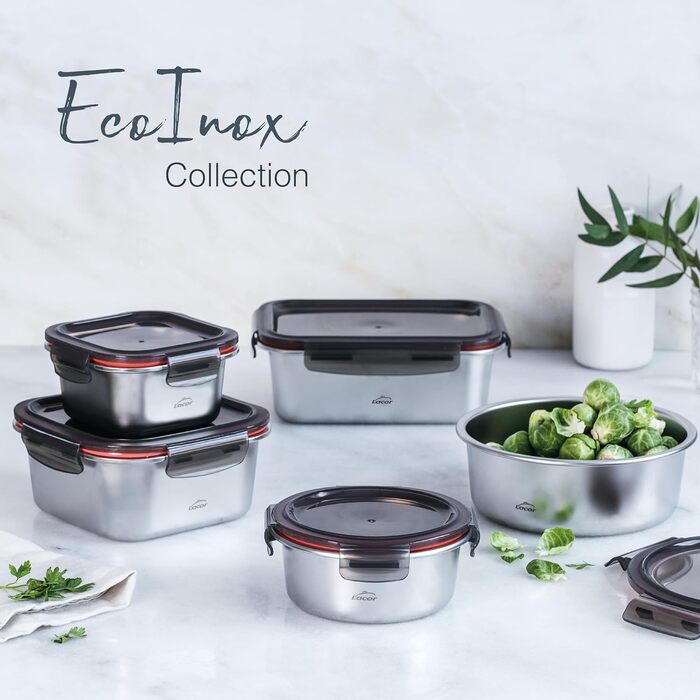 Контейнер для харчових продуктів квадратний, нержавіюча сталь 18/10, 650 мл. Підходить для мікрохвильової печі, духовки, морозильної камери та посудомийної машини, герметичний, з 4 затискачами, не містить BPA., 64613 Ecoinox