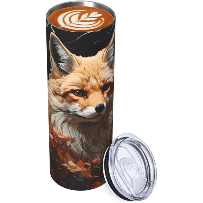 Кухоль з прямою трубочкою, принтом лисиці та квітів, дорожній кухоль, підходить для кемпінгу, офісу та дому, 590 мл