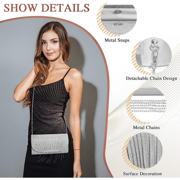 Жіноча вечірня сумка-клатч UBaymax сріблястого кольору, блискуча вечірня сумка на ланцюжку, модна сумочка, елегантна сумка-конверт через плече для новорічного балу, весілля, вечірки та весілля 03-сріблястий