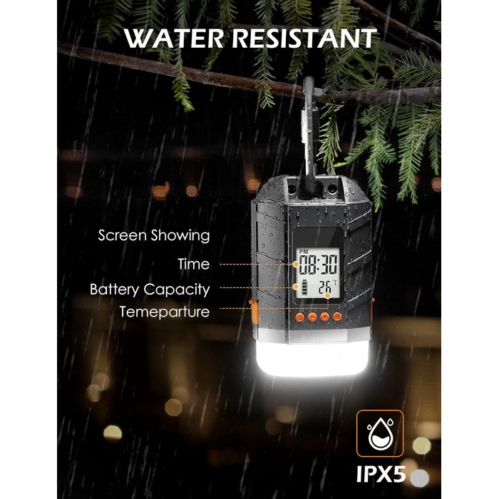 Акумуляторний зовнішній акумулятор для кемпінгового ліхтаря LED 15000 мАг з РК-дисплеєм, 4 режими, димер, відображення часу та температури, підходить для наметів, водонепроникний 2