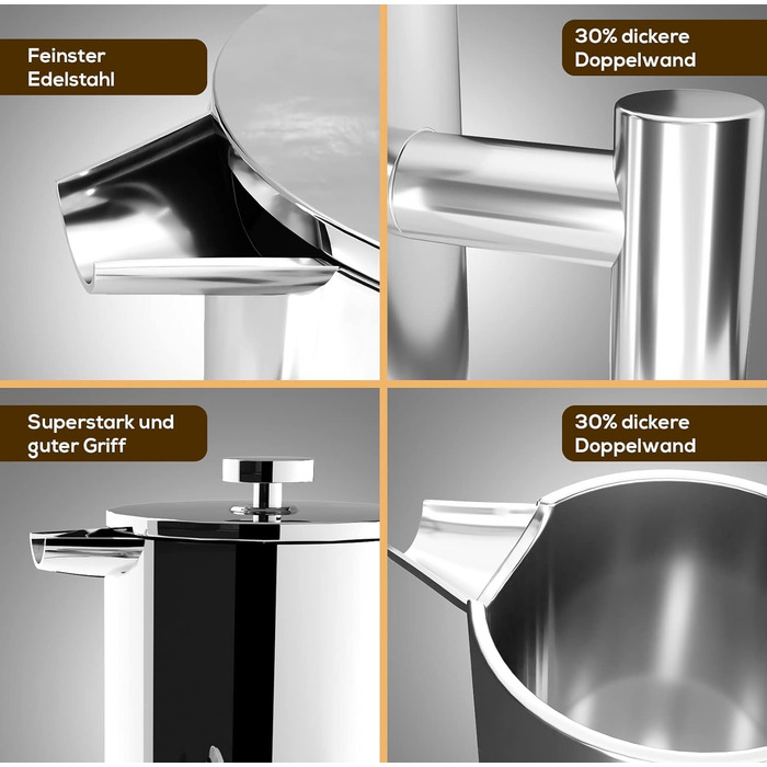 Кавоварка для френч-пресу KICHLY 34 унції - 1000 мл (4 кавові кружки / 8 кавових чашок) - Кавоварка з потрійним фільтром з нержавіючої сталі та ізольованими стінками - Silver Silver 1 літр