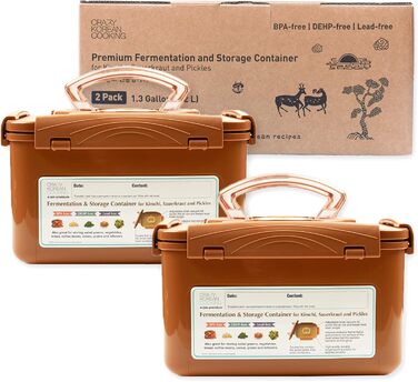 Контейнер для зберігання та ферментації квашеної капусти преміум-класу Crazy Korean Cooking з внутрішньою вакуумною кришкою, піщано-коричневий, 5,2 л, 2 шт. и по 5,2 л (1,3 галона), 2 шт.