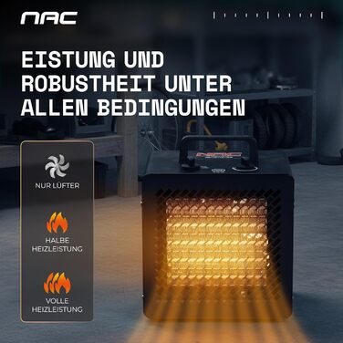 Електричний керамічний вентилятор-обігрівач NAC 3000 Вт - радіаційний обігрівач з термостатом, електричний обігрівач - обігрівач з 3 режимами нагріву, електричний обігрівач для гаража, майстерні, будівельного майданчика - будівельний обігрівач/осушувач по
