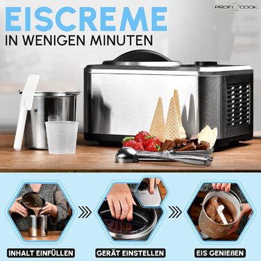 Морозивоnica та йогуртниця ProfiCook PC ICM 1268 з компресором, нержавіюча сталь Морозиво за 20 хв, об'єм до 1500 мл Для морозива та замороженого йогурту Комплект книга рецептів, лопатка та мірний стакан *Модель 2023*