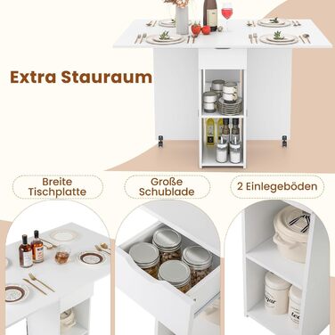 Розкладний обідній стіл на 2 колесах, Мобільний розкладний обідній стіл з 2-рівневою полицею та шухлядою (білий)