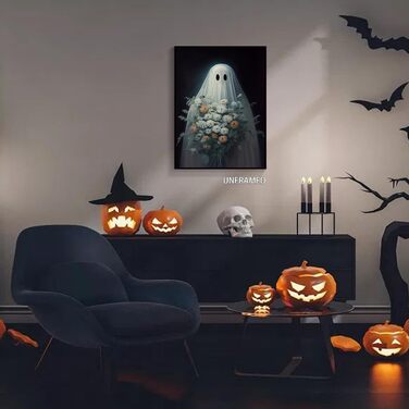 Хелловін привид полотно мистецтво, смішні, милі привиди з квітами плакат, темна академія, моторошна прикраса кімнати, естетичний,