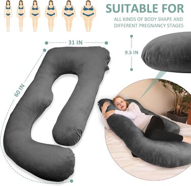 Подібна подушка для вагітних Chilling Home, подушка для сну на боці з чохлом, велика подушка для годування, підтримуюча подушка для жінок та тих, хто спить на боці (світло-чорна, оксамитова)