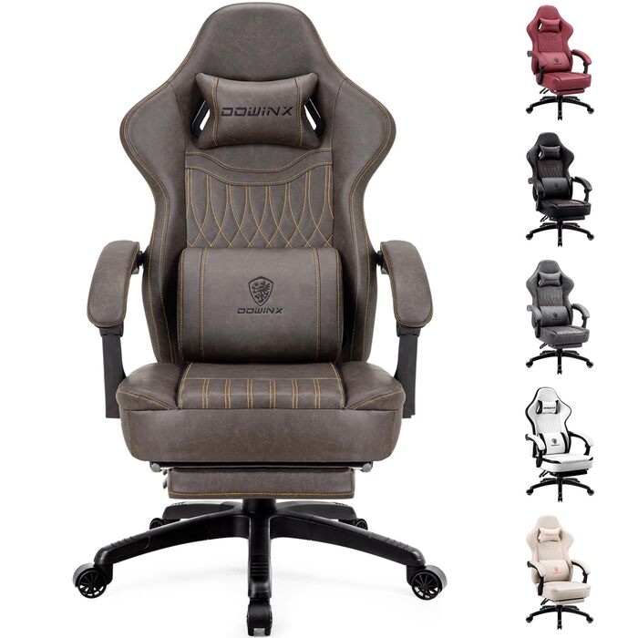 Ігрове крісло Dowinx з пружинною подушкою, гоночне ігрове крісло з масажною поперековою опорою, ергономічне ігрове крісло з підставкою для ніг, офісне крісло, шкіра штучна, коричневий колір