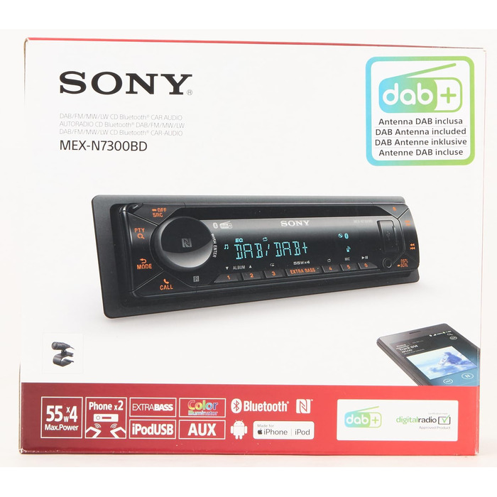 Автомобільна стереосистема Sony MEX-N7300KIT DAB з компакт-диском, подвійним підключенням Bluetooth, USB та AUX Гучний зв'язок Bluetooth 4 x55 Вт 3-кратний вихід Додаткові баси Колір Vario