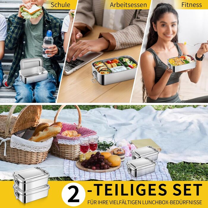 Набір металевих ланчбоксів Joyfair з роздільниками, 2 шт. Бенто-бокси з нержавіючої сталі зі знімними перегородками для дорослих та дітей, герметичні, для кемпінгу, пікніків, подорожей та роботи 850 мл 850 мл