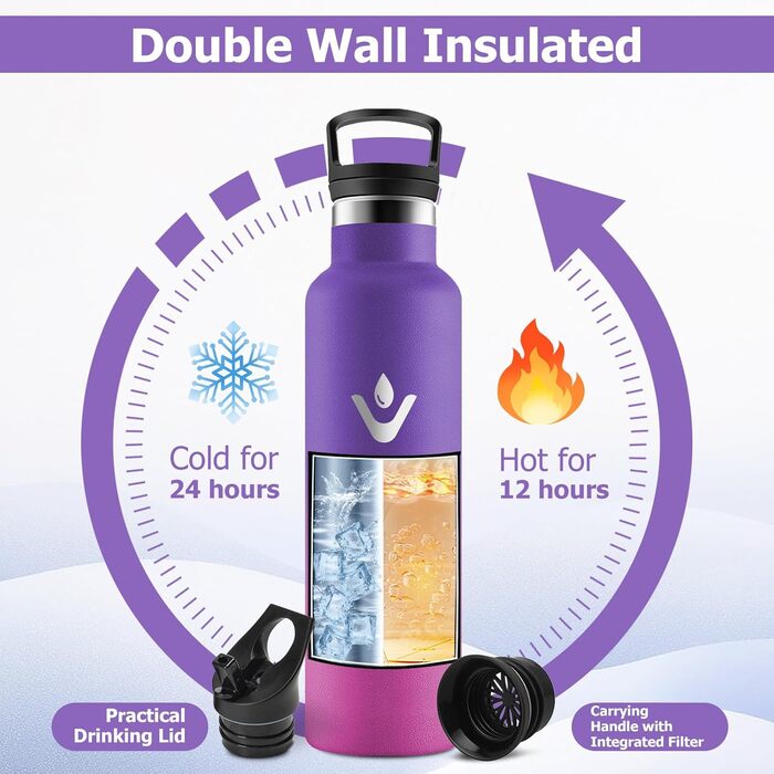 Пляшка для води з нержавіючої сталі 750 мл, термос без BPA, герметична двостінна ізольована пляшка, підходить для газованих напоїв, ізольована пляшка для фітнесу, школи, активного відпочинку, доросла 750 мл V-фіолетовий Fonc Rose Barbie