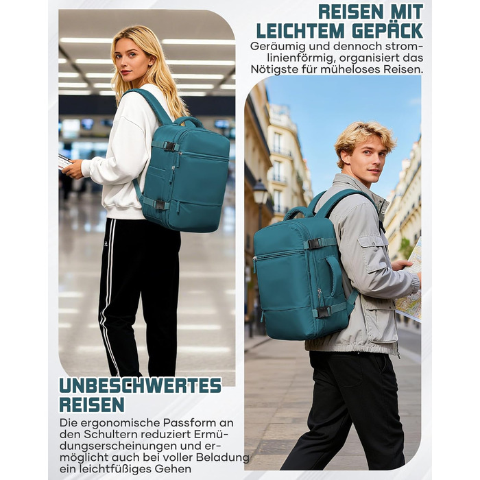 Рюкзак Suradar для ручної поклажі 40x30x20 см для Ryanair, Wizzair, малий рюкзак для ручної поклажі, літак, 24 л, дорожній рюкзак, сумка 40x30x20 см, рюкзак для ручної поклажі під сидінням для ноутбука 15,4 дюйма, колір павиного синього, F-pavion blue 40x