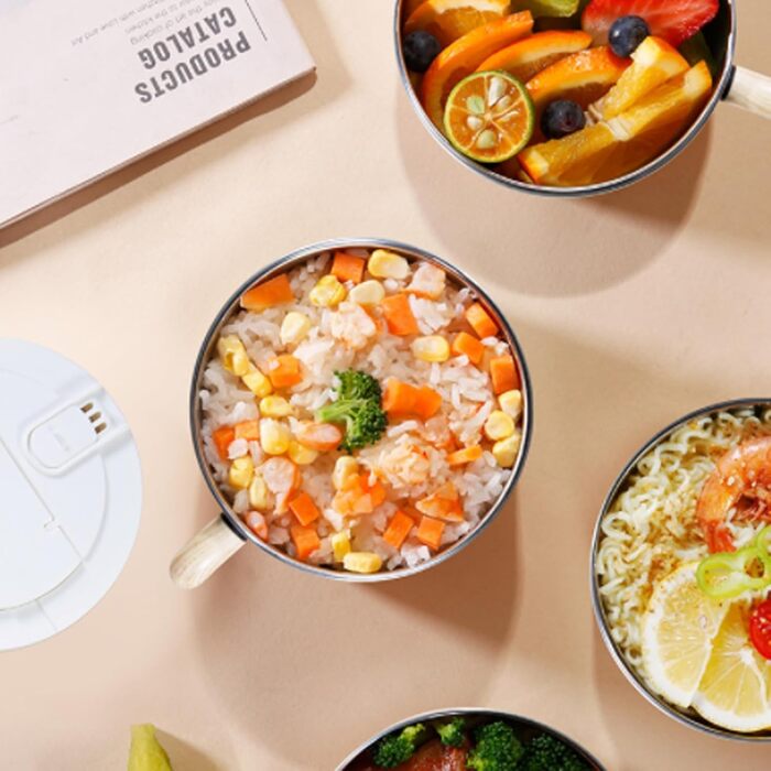 Велика чаша швидкого приготування з нержавіючої сталі 304 об&39ємом 1200 мл, чаша для рамену з кришкою та ложкою, для локшини, пасти, фруктів, салату з пасти та рису (біла)