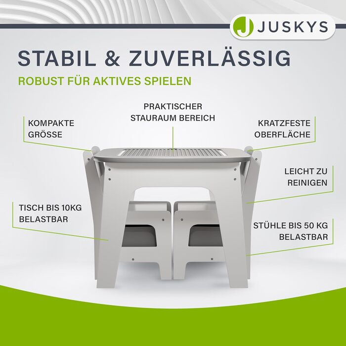 Дитячий комплект сидіння Juskys Milou - Комплект з 2 стільцями та 1 столом - Дерев&39яний дитячий стіл - Ігровий стіл з місцем для зберігання - Комплект сидіння для дітей, Художній стіл - Сірий