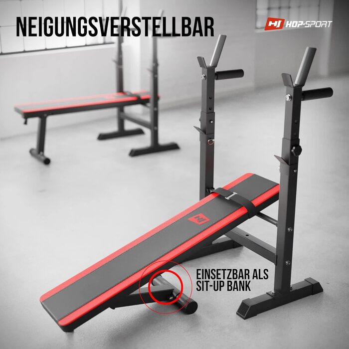 Складана силова лава Hop-Sport, багатофункціональна тренувальна лава зі стійкою для штанги та станцією для віджимань, ідеально підходить для тренувань на прес, силових тренувань та домашнього фітнесу - максимальне навантаження 250 кг