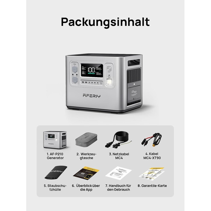 Портативна електростанція AFERIY 2400 Вт, акумулятор LiFePO4 ємністю 2048 Втгод, швидка зарядка за 1,5 години, 13 портів, синусоїдальний вихід 230 В, ДБЖ, додаток, мобільний блок живлення для кемпінгу на природі, сріблястий