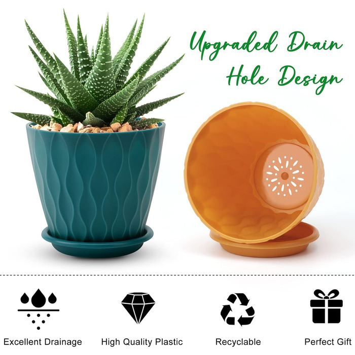 Горщики для квітів, 15,2 см, 5 шт. , для приміщень і вулиці, кашпо з дренажними отворами і блюдцями Різнокольорові