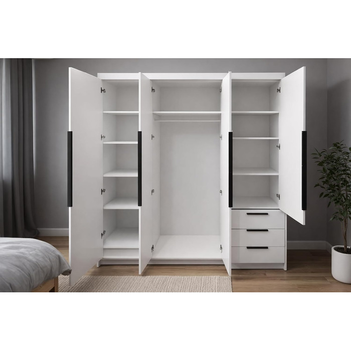 Шафа, 4-дверна з 3 шухлядами 200 x 215 см Шафа з відкидними дверима, рейкою для одягу та полицями, колір K. білий/T. sonoma/S. sonoma