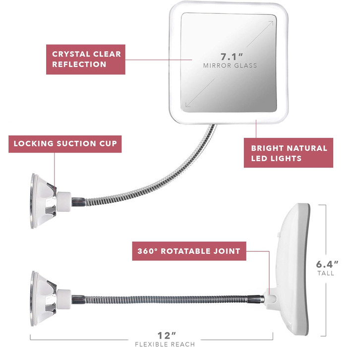 Гнучке збільшувальне дзеркало Fancii зі світлодіодним підсвічуванням, 10-кратним збільшенням, сильною присоскою - дзеркало для макіяжу з підсвічуванням Дзеркало для макіяжу з антибліковим підсвічуванням (Mira)