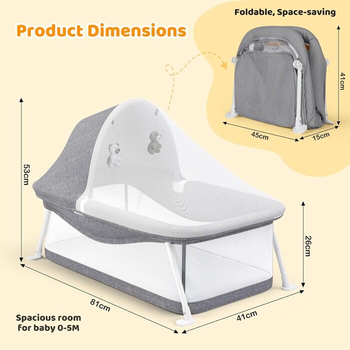 Дитяче ліжечко-дорожнє, підходить для дітей віком від 0 до 5 місяців, портативний намет-ліжечко, складається в маленький розмір, оснащений москітною сіткою та іграшками, зона лежання 80 x 40 см (сіра)