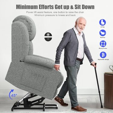 Електричне масажне крісло-реклайнер YONISEE з функцією відкидання, підйомником, масажем, підігрівом, підставкою для ніг, підстаканником, 4 бічними кишенями, портами типу C та USB, шкіряним, кріслом для вітальні, темно-сірим