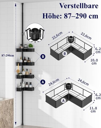 Кутова полиця для душу Kitsure з телескопічною стійкою, регульована по висоті, металеві кошики, монтаж без свердління, висота 87-290 см, ширина 24.6 см, чорний колір (24.6 x 24.6 x 290 см)