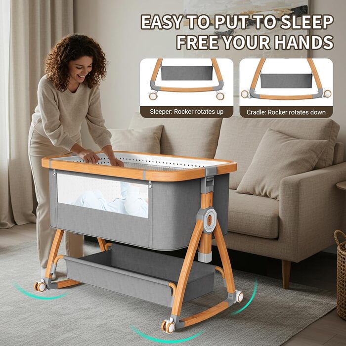 Дитяче ліжечко-тумбочка, дорожнє ліжечко 3-в-1, 6 регульованих рівнів висоти з матрацом та колесами з гальмами, підходить для дітей від 0 до 6 місяців, для дому та подорожей