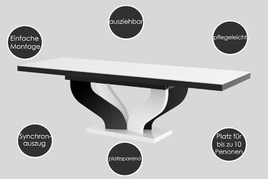 Дизайнерський обідній стіл HEB-222, чорний глянцевий / білий глянцевий, розсувний від 160 см до 256 см, обідній стіл до 10 осіб, глянцевий, функціональний стіл, сучасний, універсальний, розсувний, позачасовий
