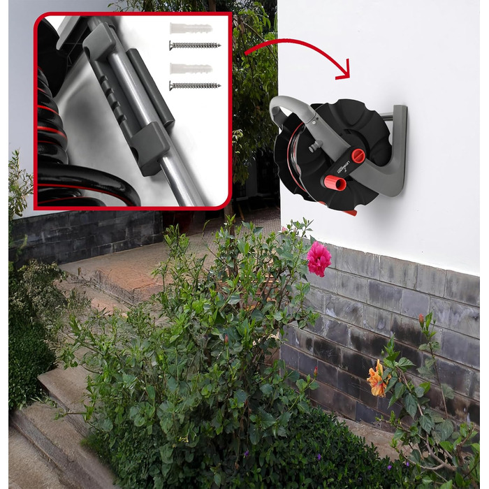 Намотувач садового шланга 20 м - настінний, з ручкою для перенесення - мобільний барабан для шланга з розпилювачем та з'єднувачами 1/2 / 3/4 - підключення до крана 3/4