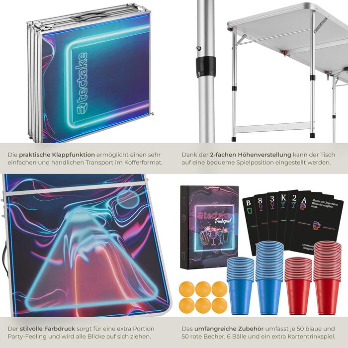 Стіл для пивного понгу tectake з декорацією для вечірки, світлодіодним освітленням, стіл з регульованою висотою, розкладний стіл, комплект з аксесуарами, стіл для пивного понгу, 100 пластикових стаканчиків, 6 м&39ячів та карткова гра з напоями BeerWars I